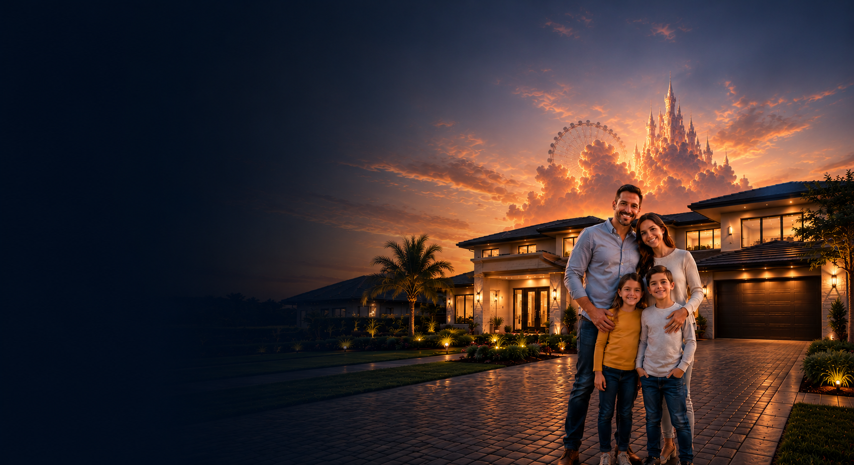 Família brasileira em frente a casa moderna em Orlando ao pôr do sol com castelo da Disney ao fundo